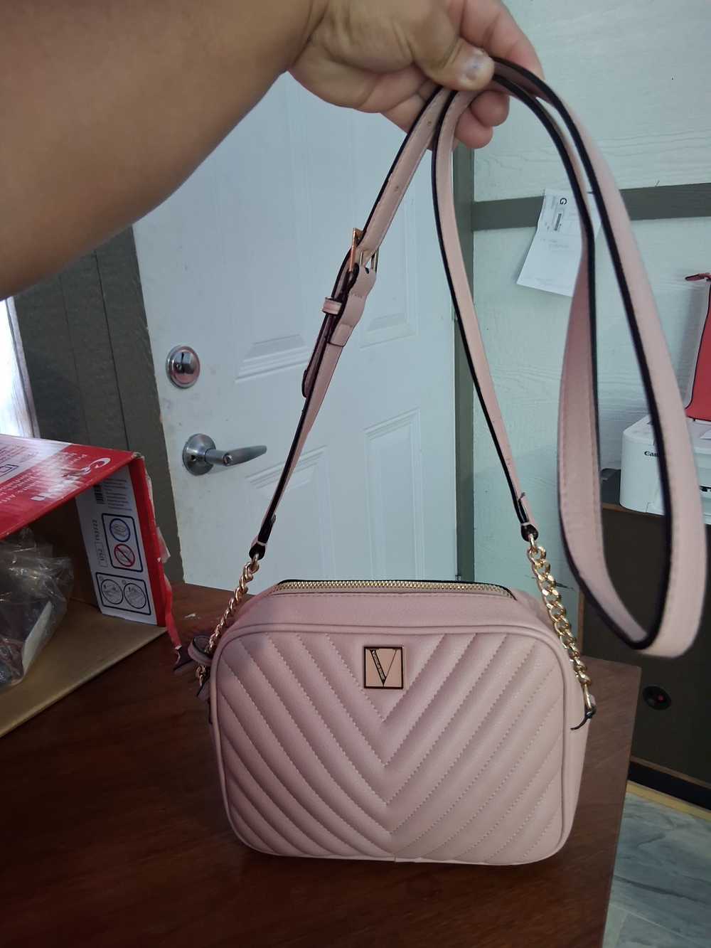 Victoria's Secret Blush Quilted Crossbody with Gold Accent